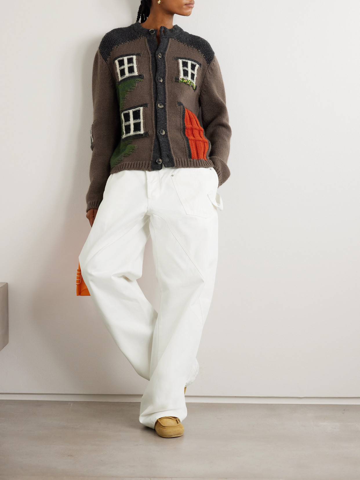 Jw Anderson House Embroidered Intarsia-knit Merino Wool Cardigan In Brown
