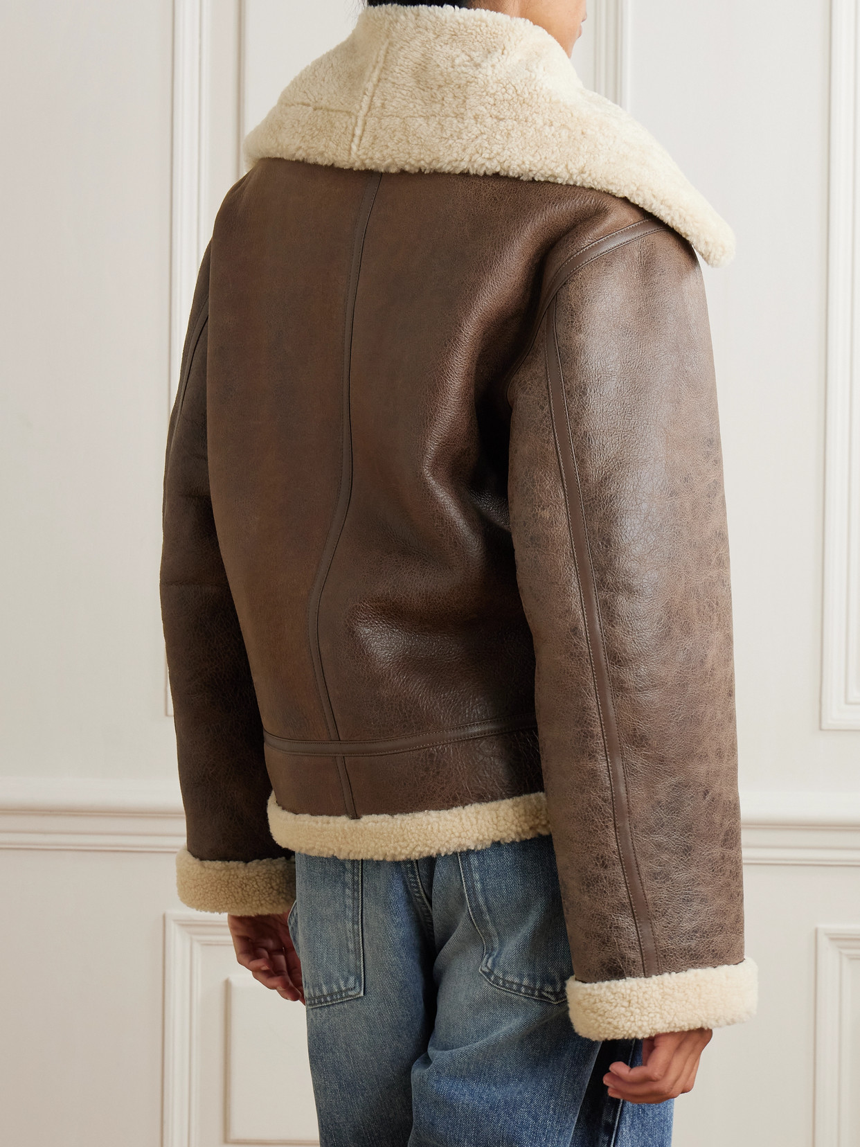 Jw Anderson Oversized Belted Shearling Jacket In Brown