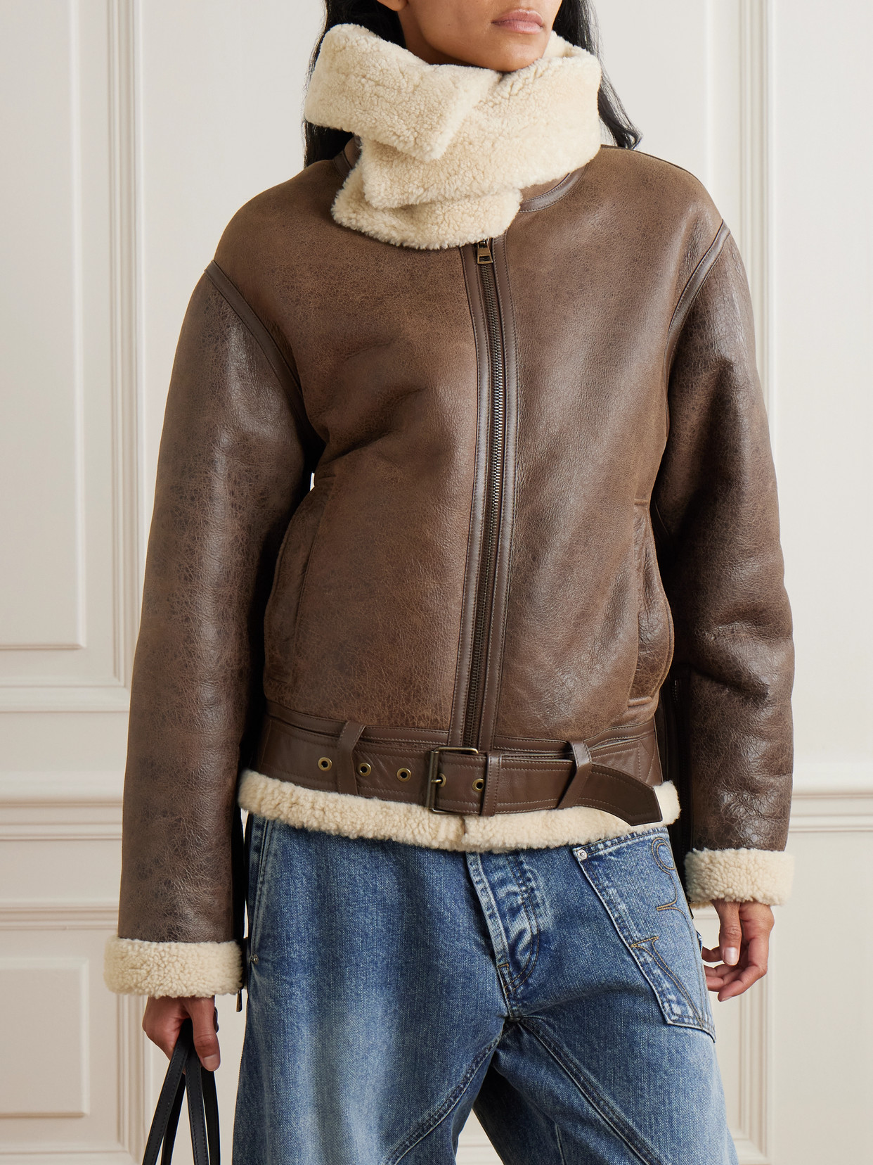 Jw Anderson Oversized Belted Shearling Jacket In Brown