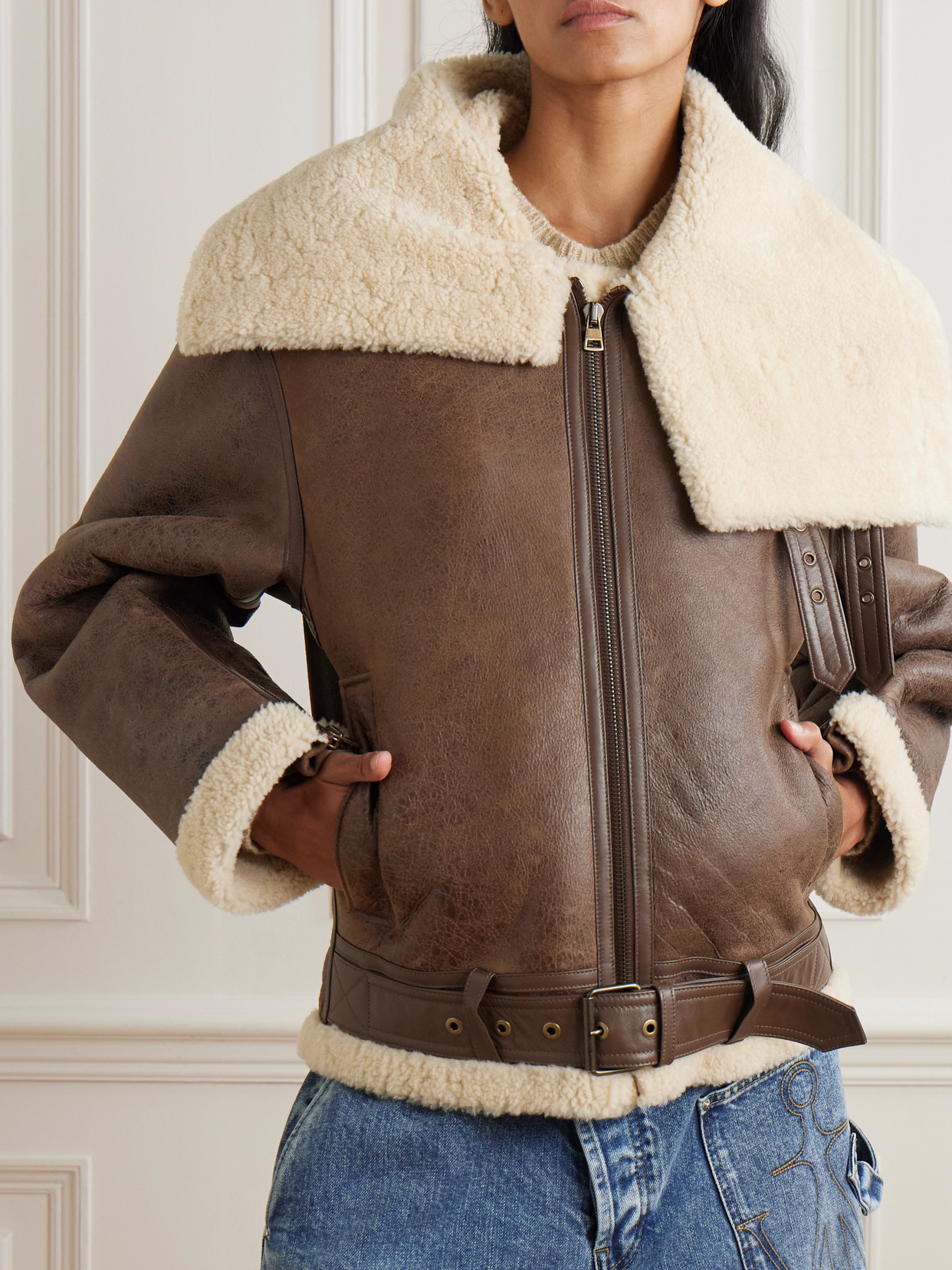 Jw Anderson Oversized Belted Shearling Jacket In Brown