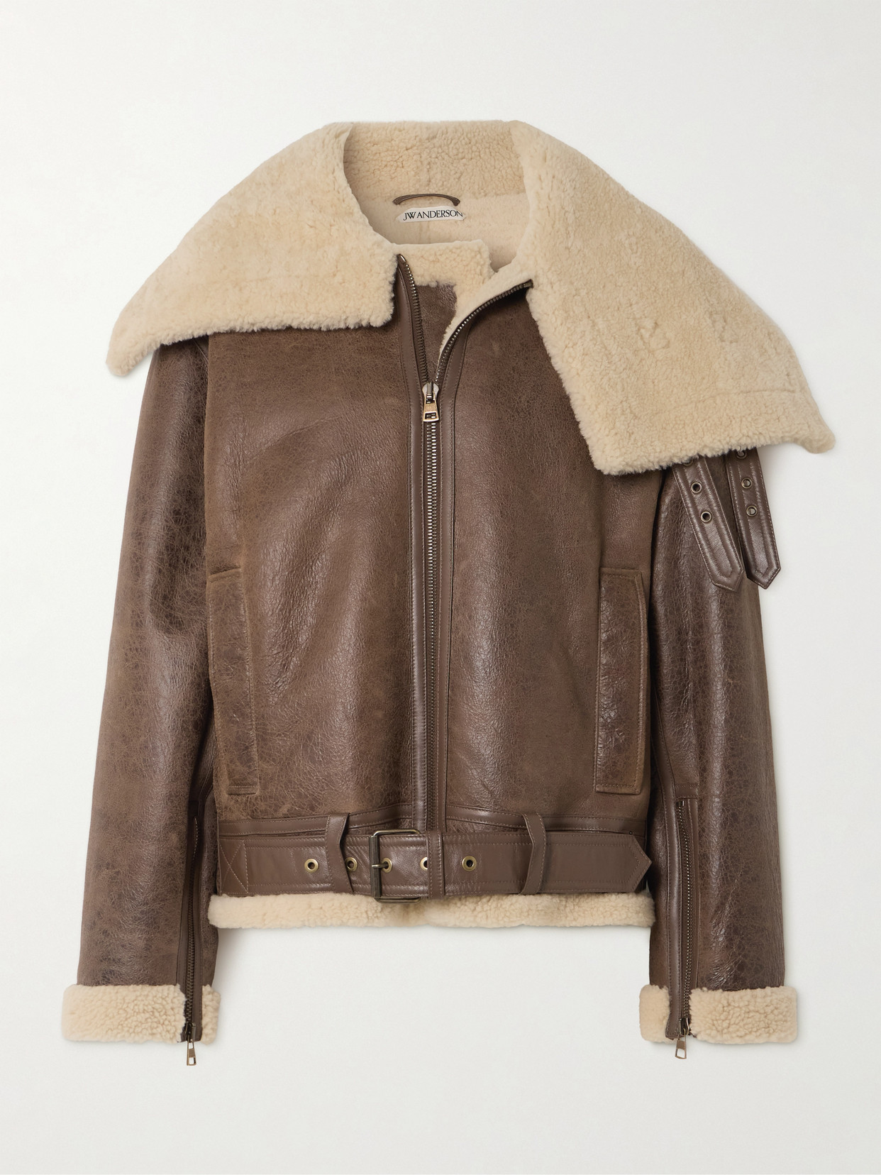Jw Anderson Oversized Belted Shearling Jacket In Brown