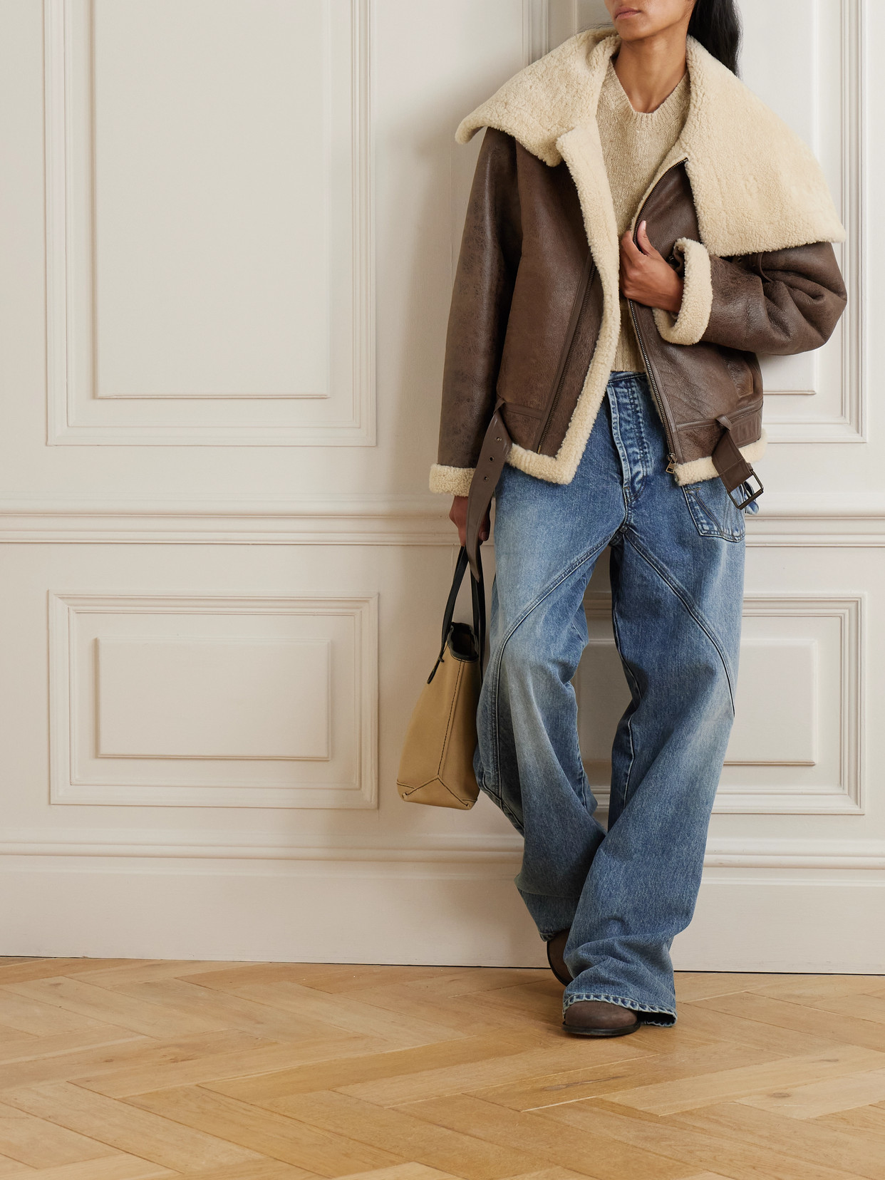 Jw Anderson Oversized Belted Shearling Jacket In Brown