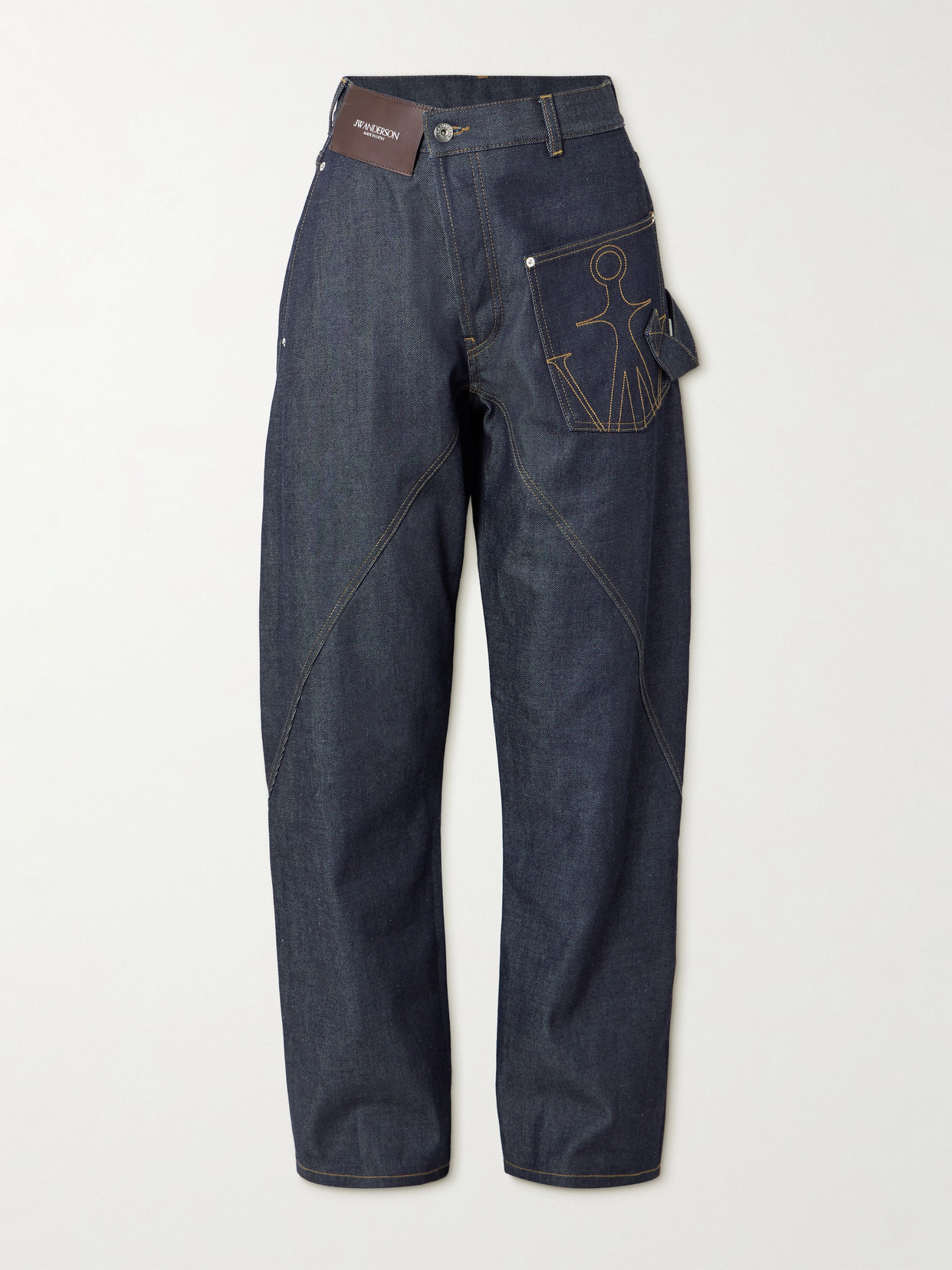Jw Anderson Twisted Asymmetric Embroidered High-rise Jeans In Blue