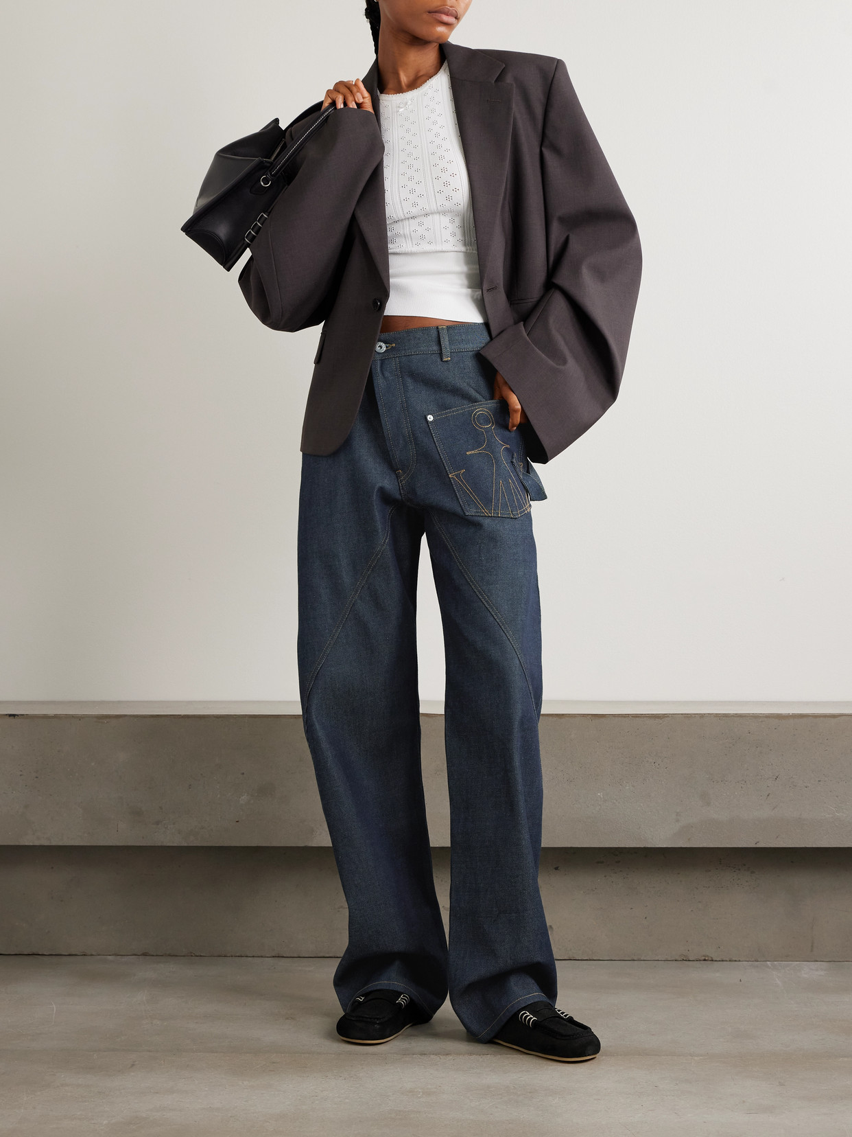 Jw Anderson Twisted Asymmetric Embroidered High-rise Jeans In Blue
