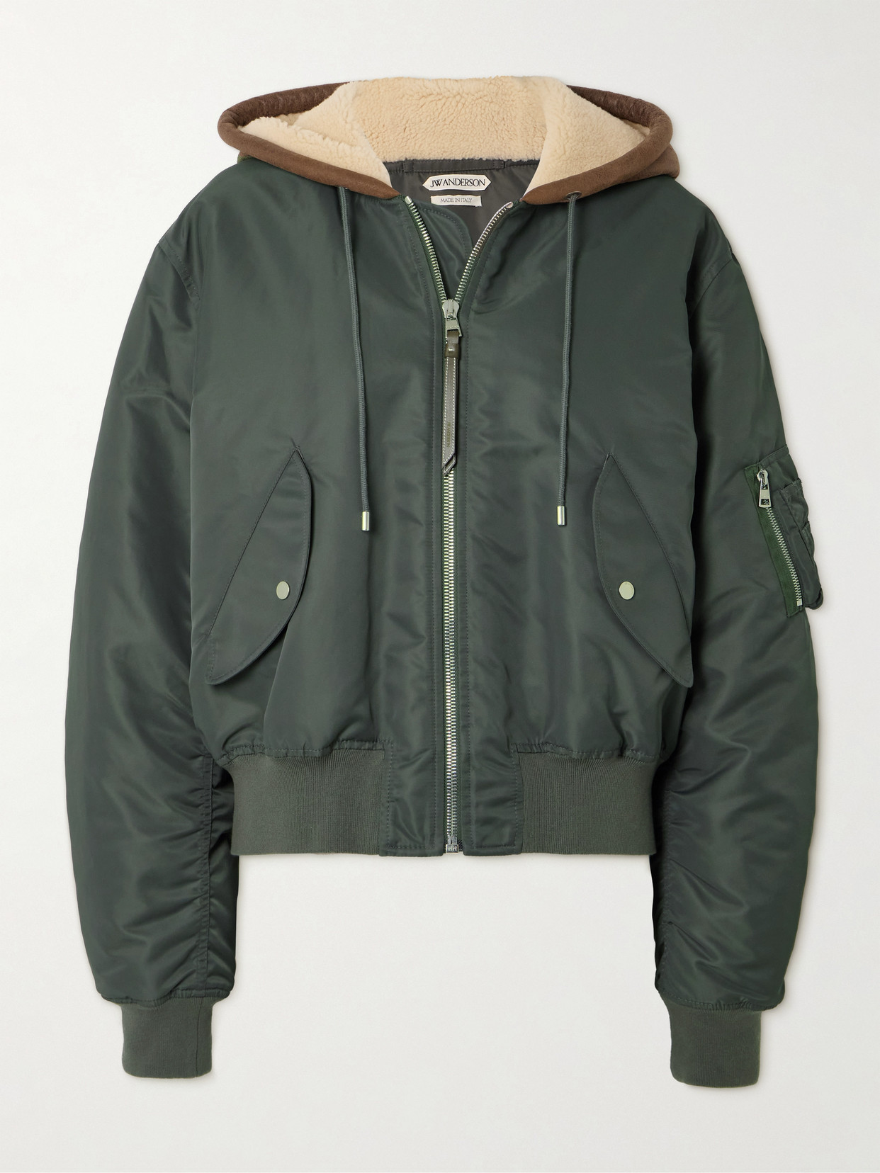 Jw Anderson Hooded Padded Shell And Shearling Bomber Jacket In Green