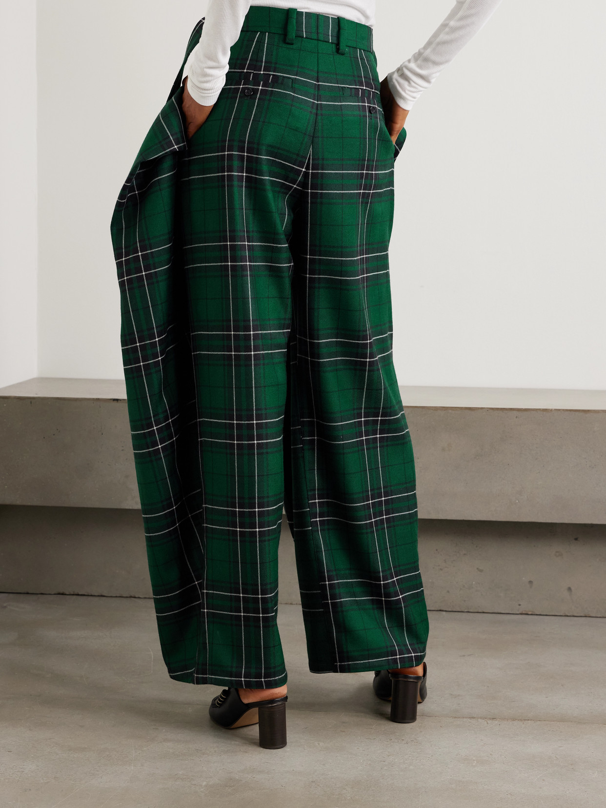 Jw Anderson Draped Layered Checked Wool-twill Wide-leg Pants In Green