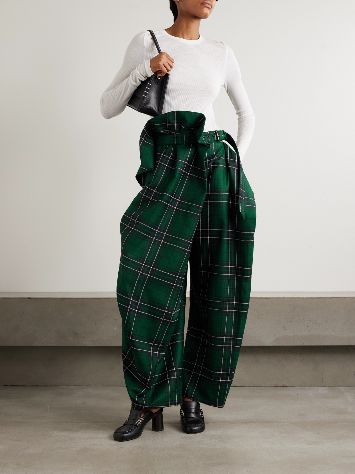 Jw Anderson Draped Layered Checked Wool-twill Wide-leg Pants In Green