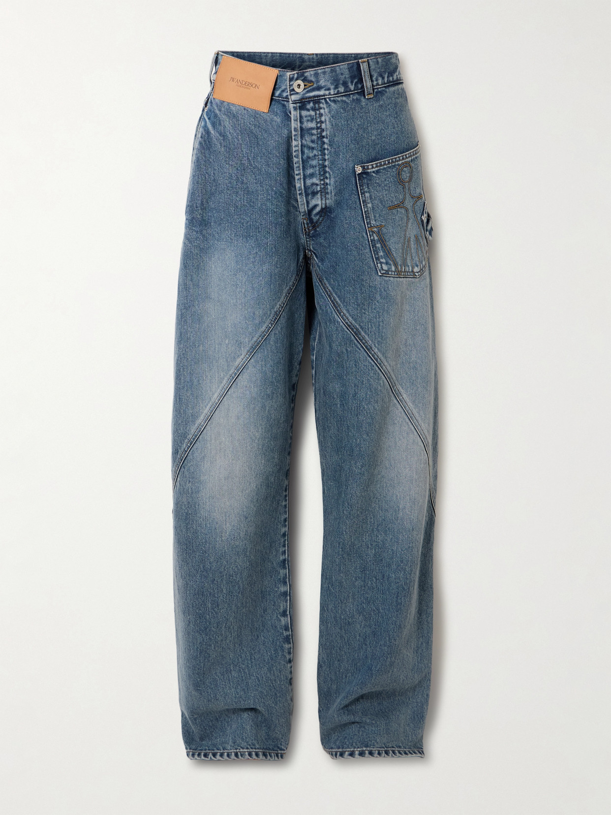 Jw Anderson Twisted Asymmetric Embroidered High-rise Jeans In Blue