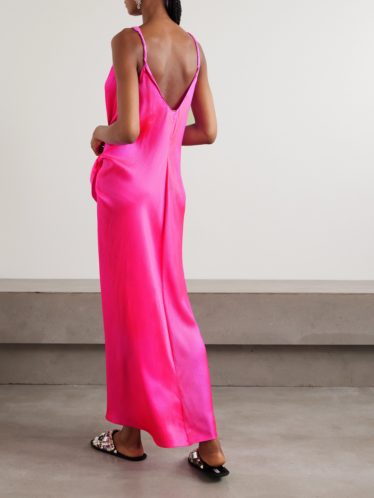 Jw Anderson Tie-detailed Crinkled-silk Maxi Dress In Pink