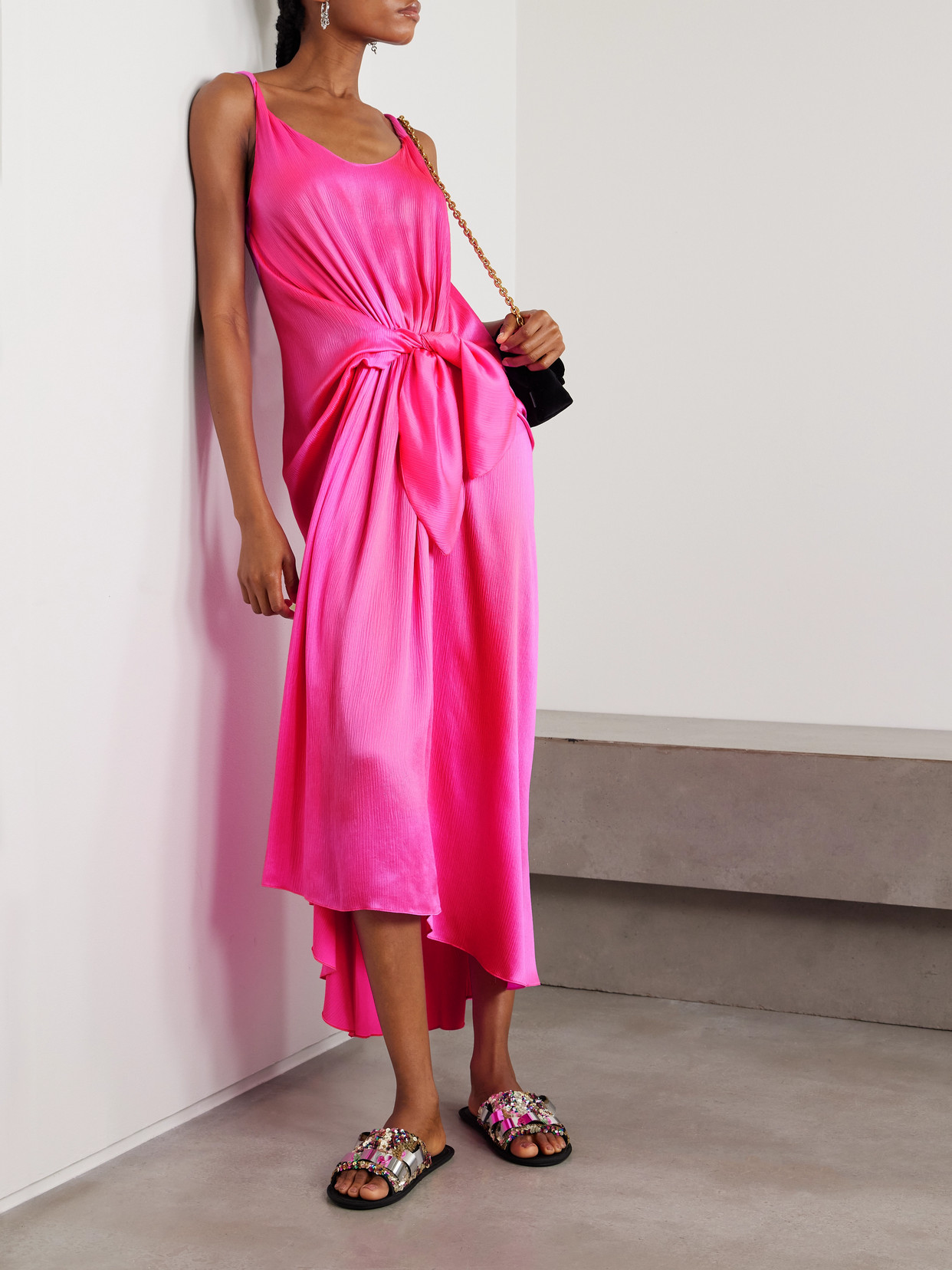 Jw Anderson Tie-detailed Crinkled-silk Maxi Dress In Pink