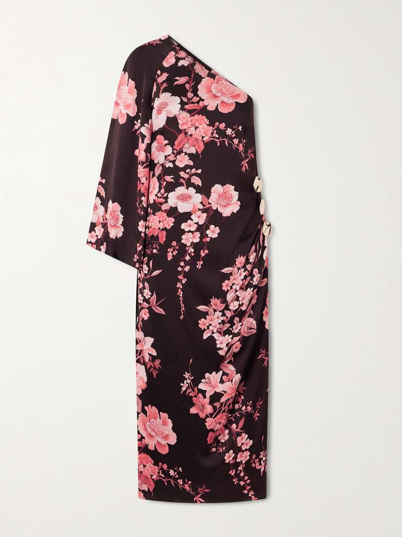 Borgo de Nor Atlantis One-sleeve Embellished Printed Satin Midi Dress