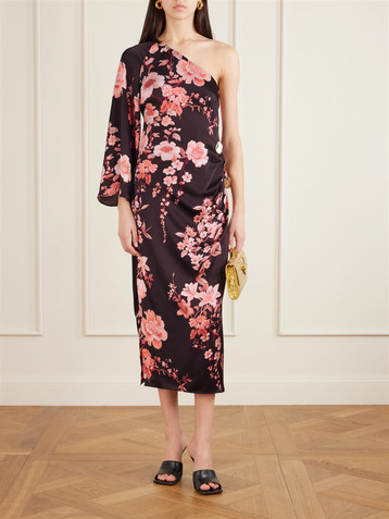 Borgo de Nor Atlantis one-sleeve embellished printed satin midi dress