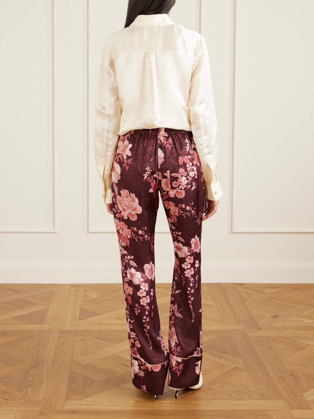 Borgo De Nor Havana Floral-print Satin-trimmed Crepe De Chine Jacquard Pants In Burgundy