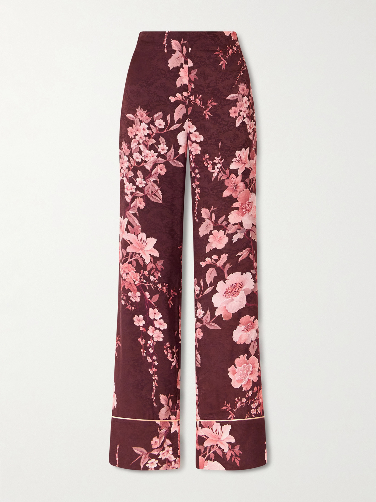 Borgo De Nor Havana Floral-print Satin-trimmed Crepe De Chine Jacquard Pants In Burgundy