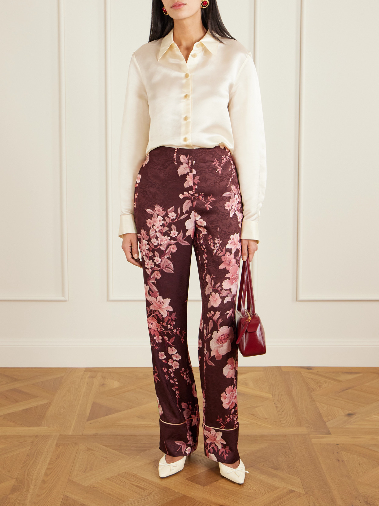 Borgo De Nor Havana Floral-print Satin-trimmed Crepe De Chine Jacquard Pants In Burgundy