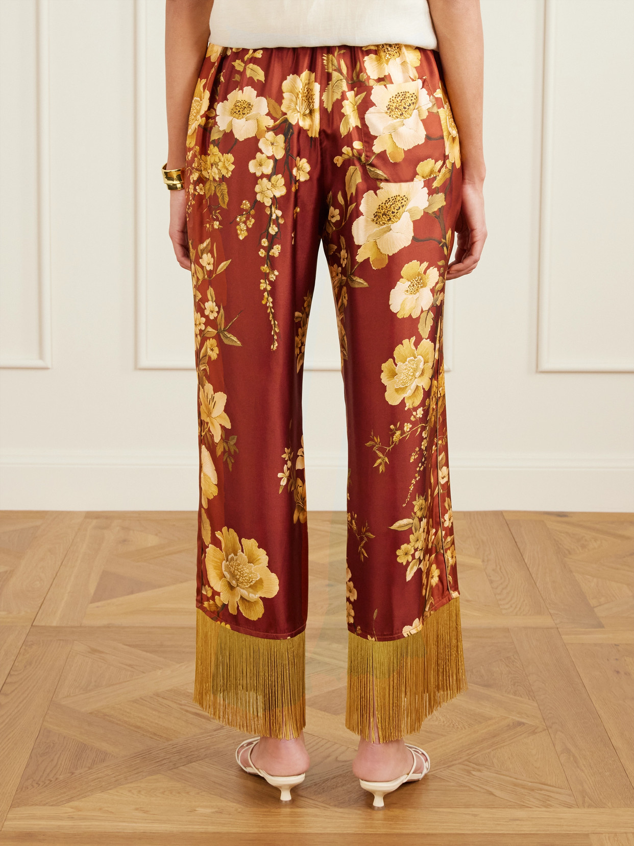 Borgo De Nor Haven Fringed Floral-print Silk-twill Pants In Brown