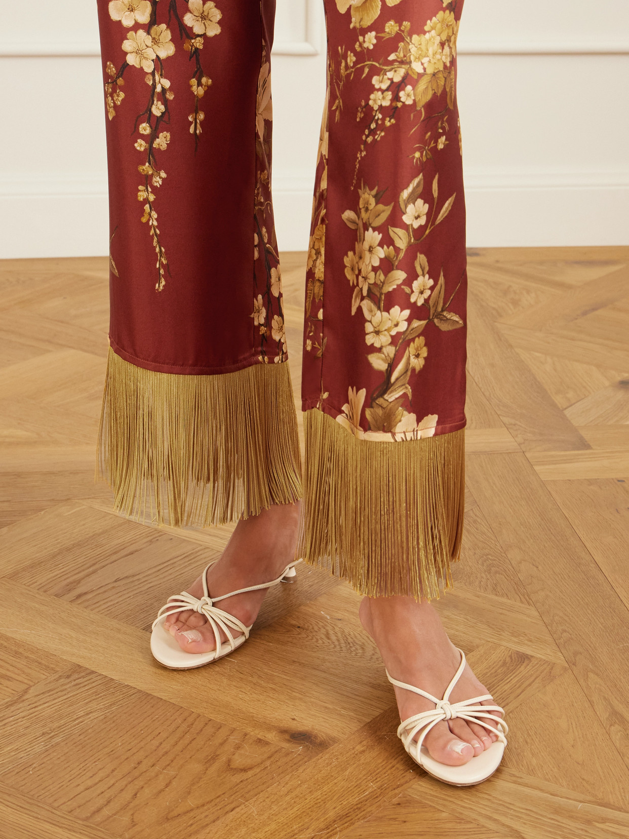 Borgo De Nor Haven Fringed Floral-print Silk-twill Pants In Brown