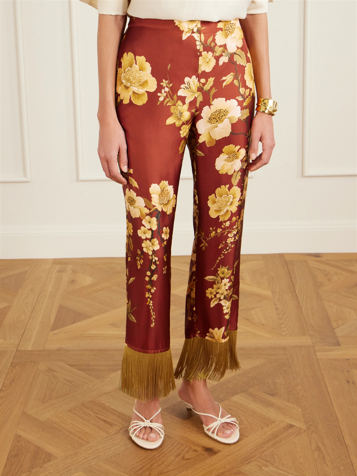 Borgo De Nor Haven Fringed Floral-print Silk-twill Pants In Brown
