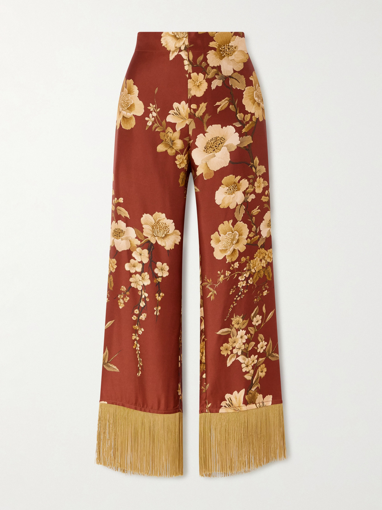 Borgo De Nor Haven Fringed Floral-print Silk-twill Pants In Brown