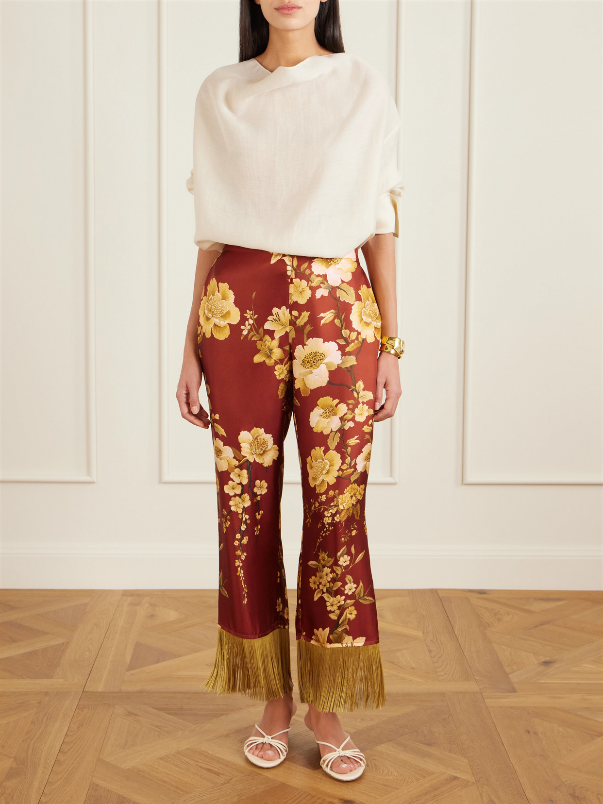 Borgo De Nor Haven Fringed Floral-print Silk-twill Pants In Brown