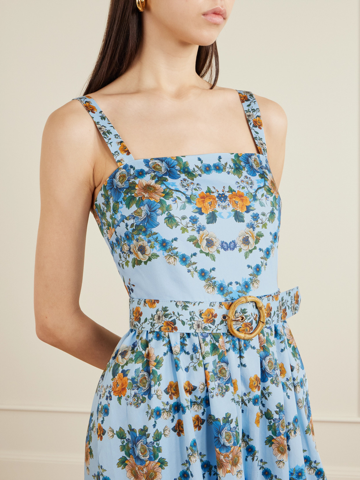 Borgo De Nor Ninet Belted Floral-print Cotton-poplin Midi Dress In Blue