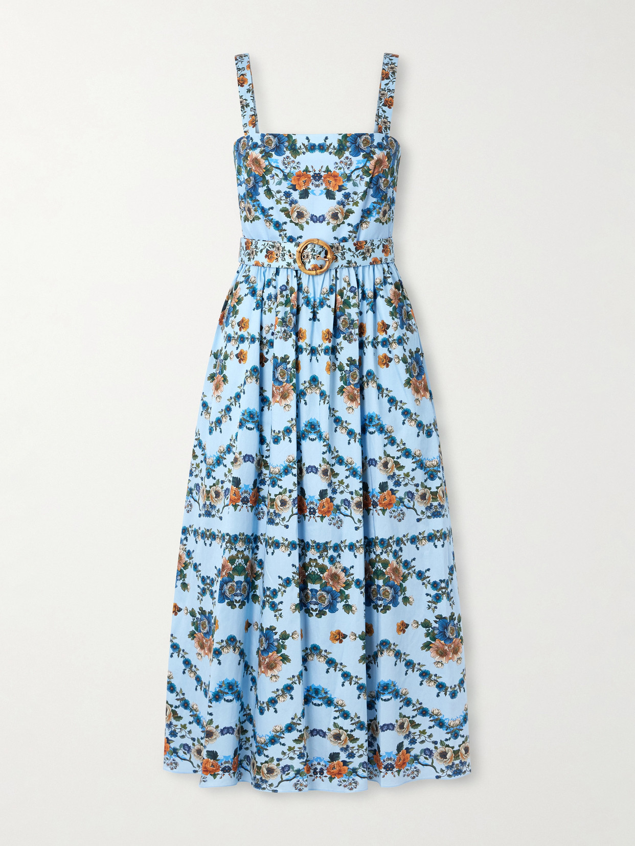 Borgo De Nor Ninet Belted Floral-print Cotton-poplin Midi Dress In Blue
