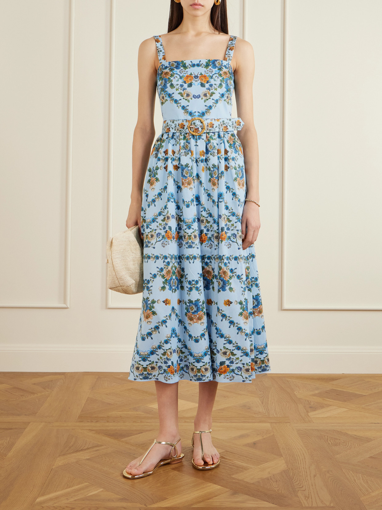 Borgo De Nor Ninet Belted Floral-print Cotton-poplin Midi Dress In Blue