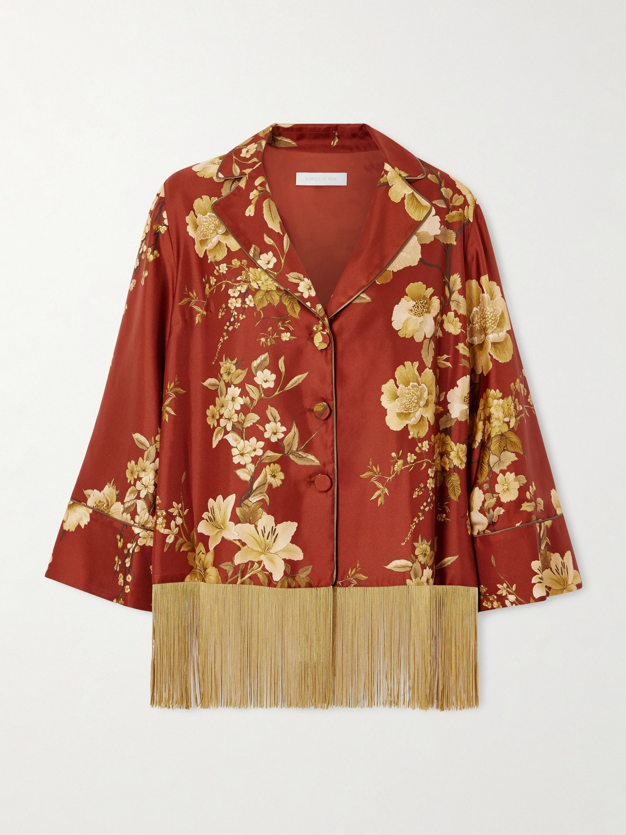 Borgo De Nor Calliope Fringed Floral-print Silk-twill Shirt In Burgundy