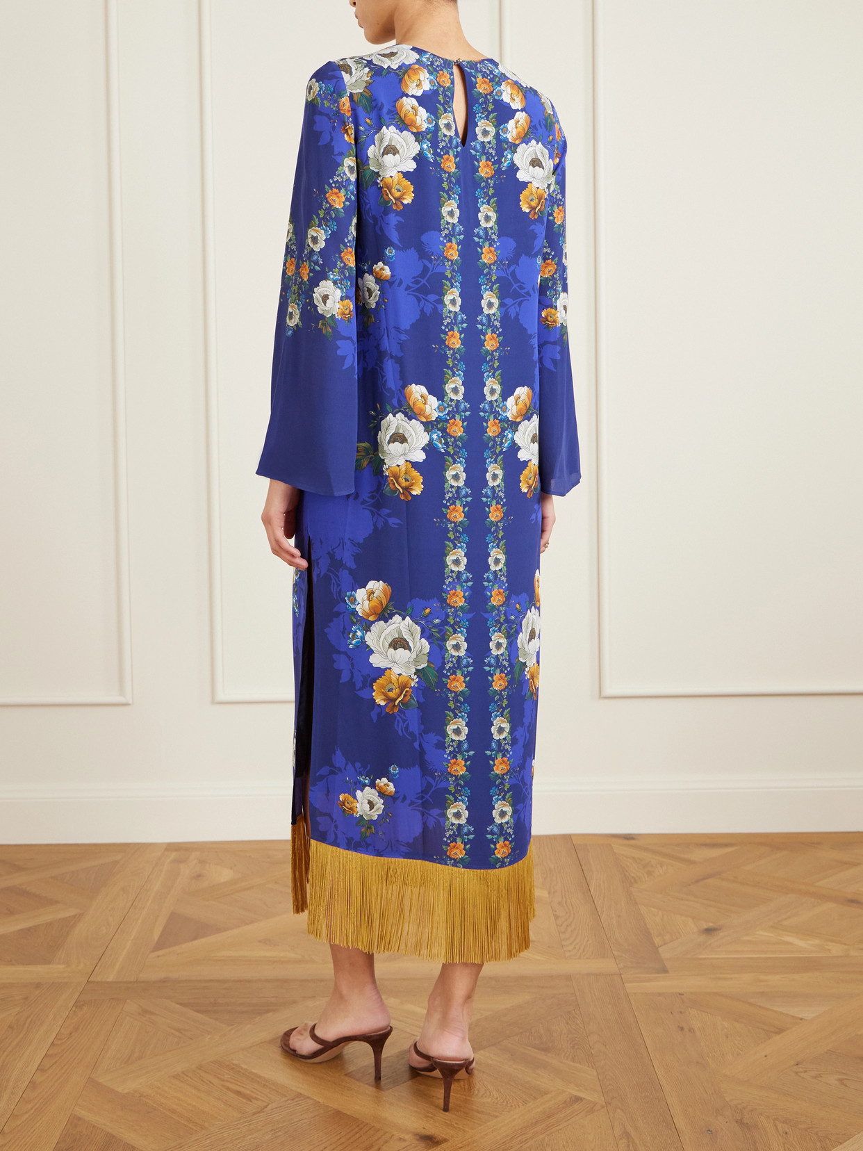 Borgo De Nor Fringed Floral-print Satin-crepe Maxi Dress In Blue