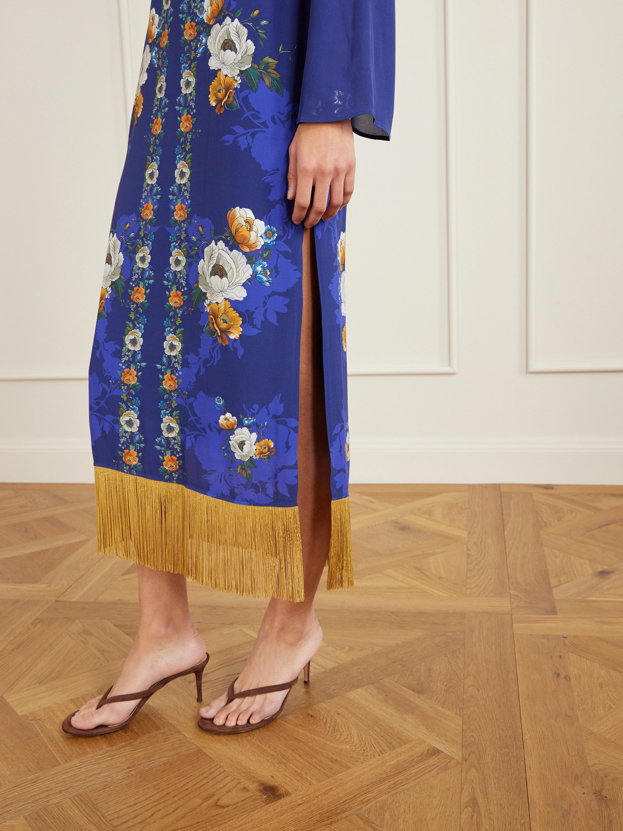 Borgo De Nor Fringed Floral-print Satin-crepe Maxi Dress In Blue