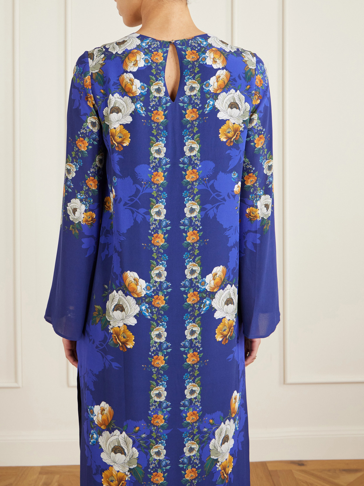 Borgo De Nor Fringed Floral-print Satin-crepe Maxi Dress In Blue