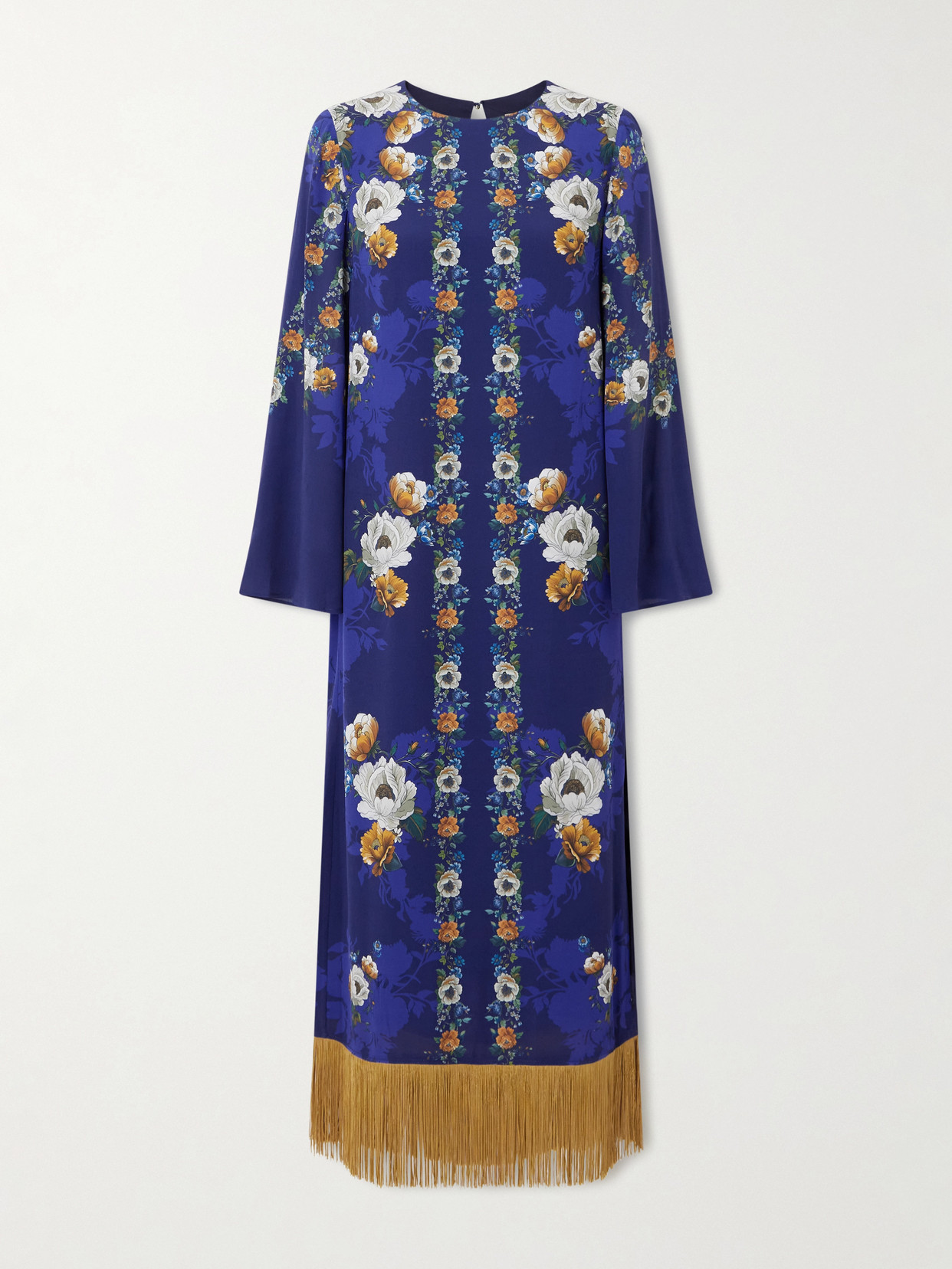 Borgo De Nor Fringed Floral-print Satin-crepe Maxi Dress In Blue