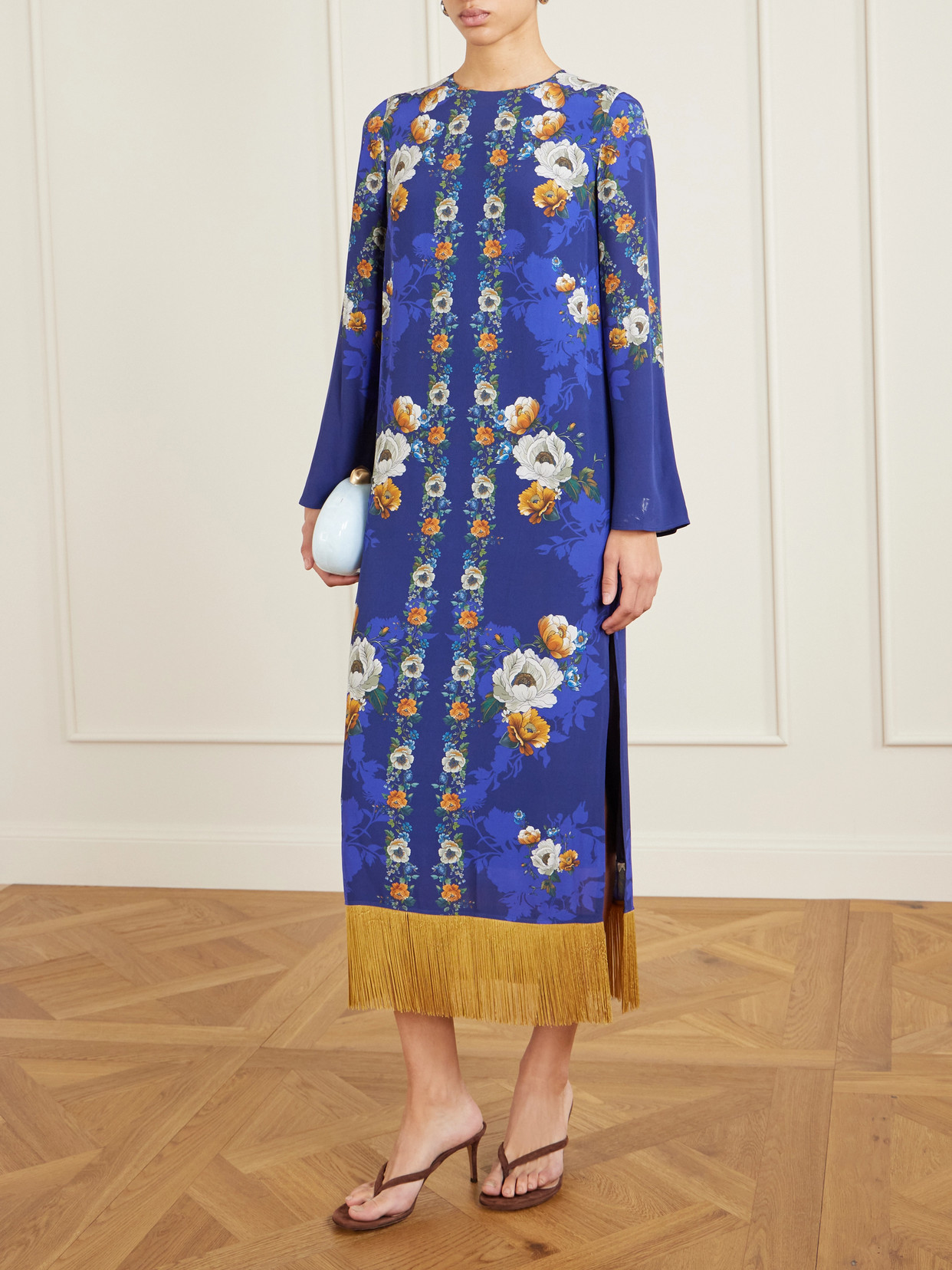 Borgo De Nor Fringed Floral-print Satin-crepe Maxi Dress In Blue