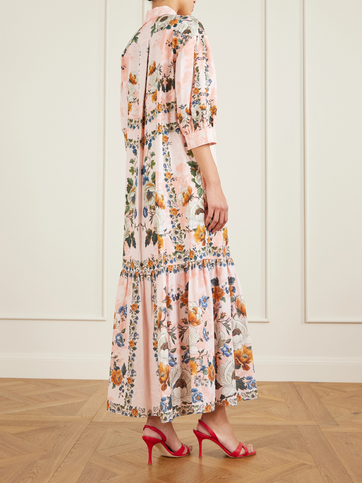 Borgo De Nor Bianca Belted Printed Linen And Cotton-blend Midi Dress In Pink