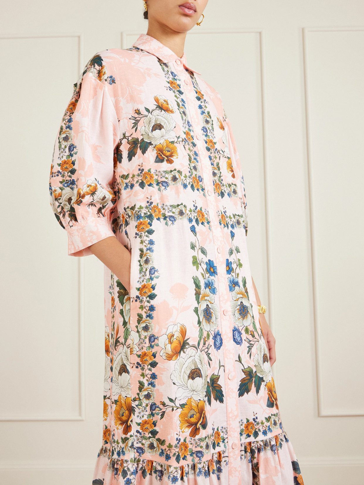 Borgo De Nor Bianca Belted Printed Linen And Cotton-blend Midi Dress In Pink