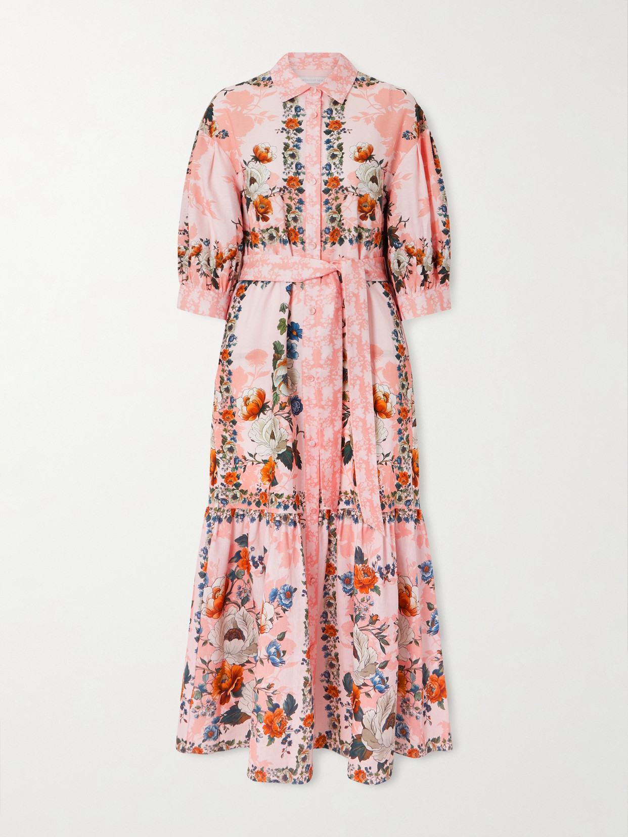 Borgo De Nor Bianca Belted Printed Linen And Cotton-blend Midi Dress In Pink