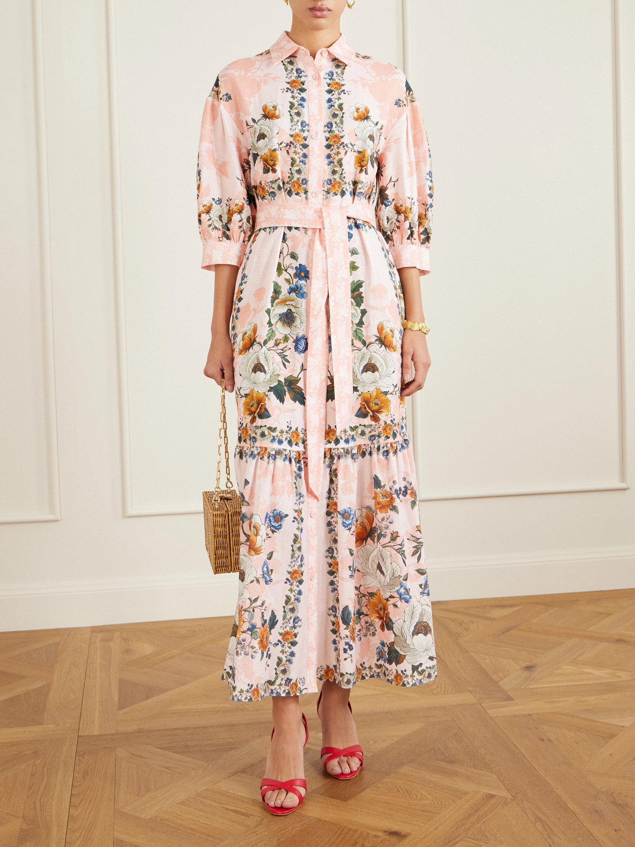 Borgo De Nor Bianca Belted Printed Linen And Cotton-blend Midi Dress In Pink