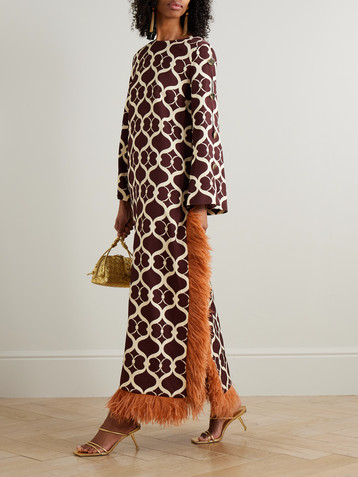 Borgo de Nor Brunetta feather-trimmed cotton-blend jacquard maxi dress