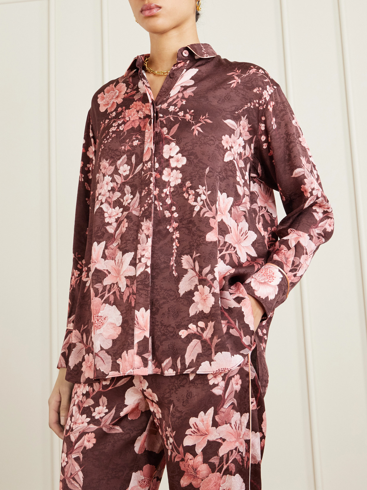 Borgo De Nor Nova Floral-print Satin-jacquard Shirt In Purple