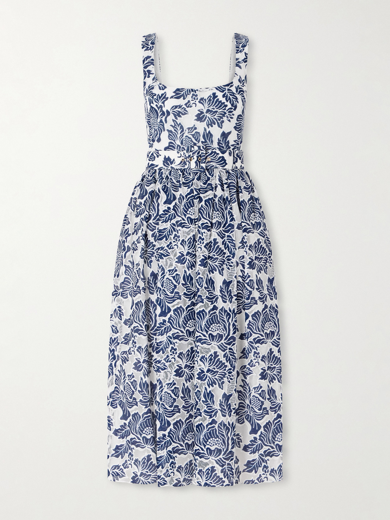 Borgo De Nor Mackenzie Belted Lace-paneled Cotton-blend Midi Dress In Blue