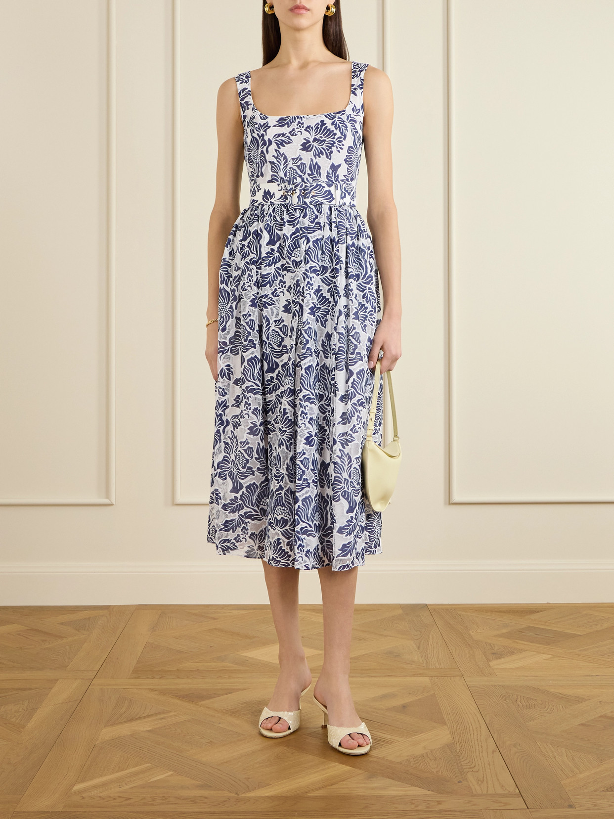 Borgo De Nor Mackenzie Belted Lace-paneled Cotton-blend Midi Dress In Blue