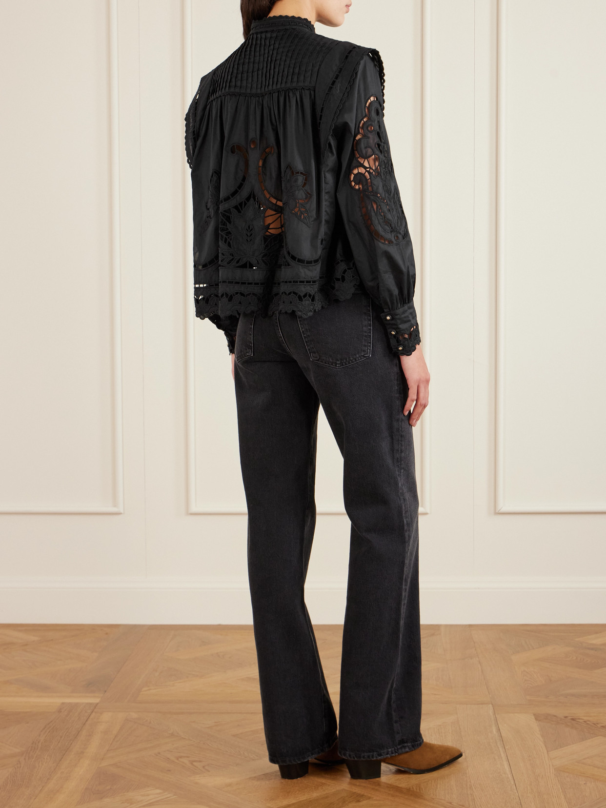 Farm Rio Richilieu Pleated Broderie Anglaise Cotton Blouse In Black