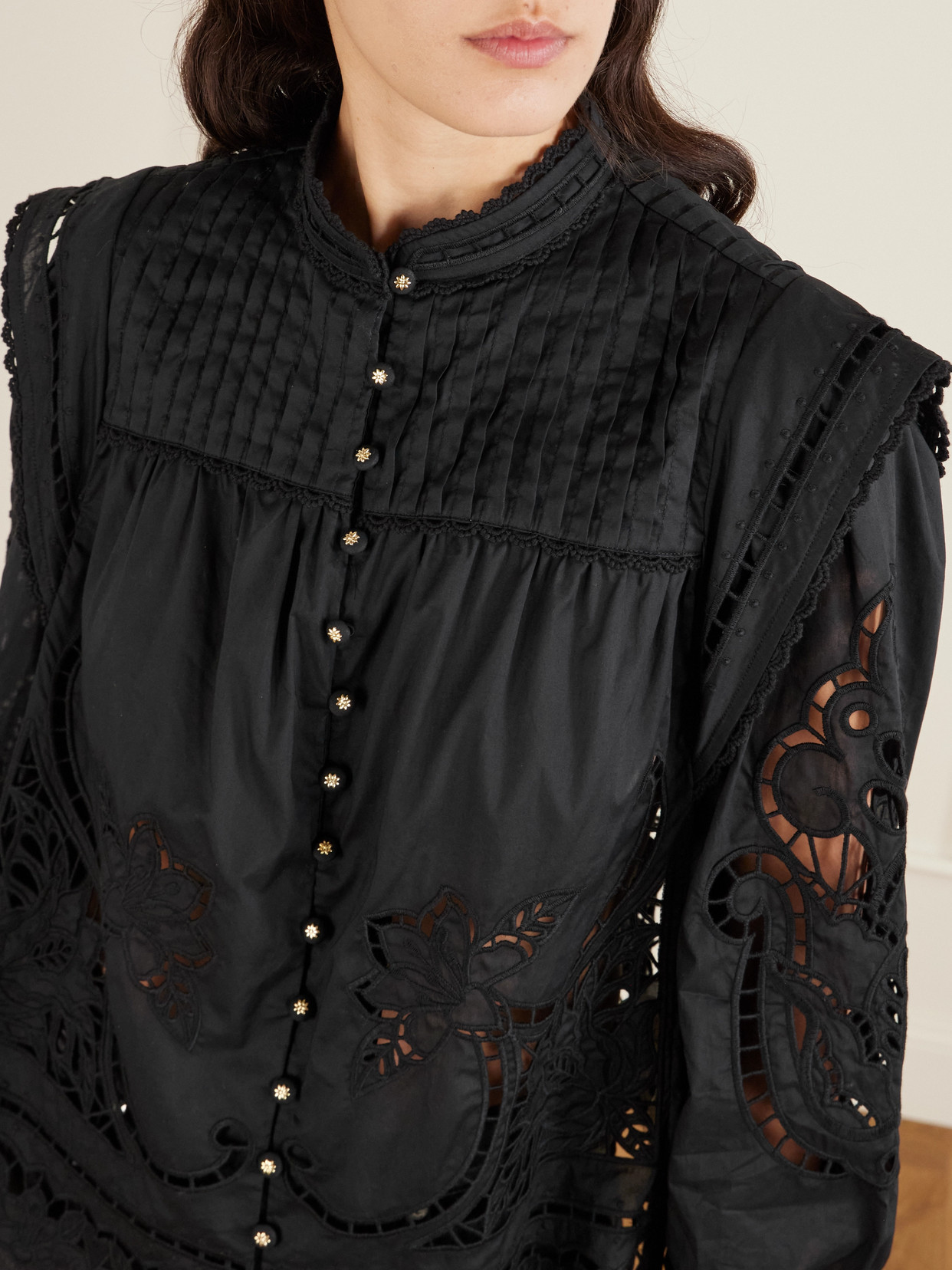 Farm Rio Richilieu Pleated Broderie Anglaise Cotton Blouse In Black