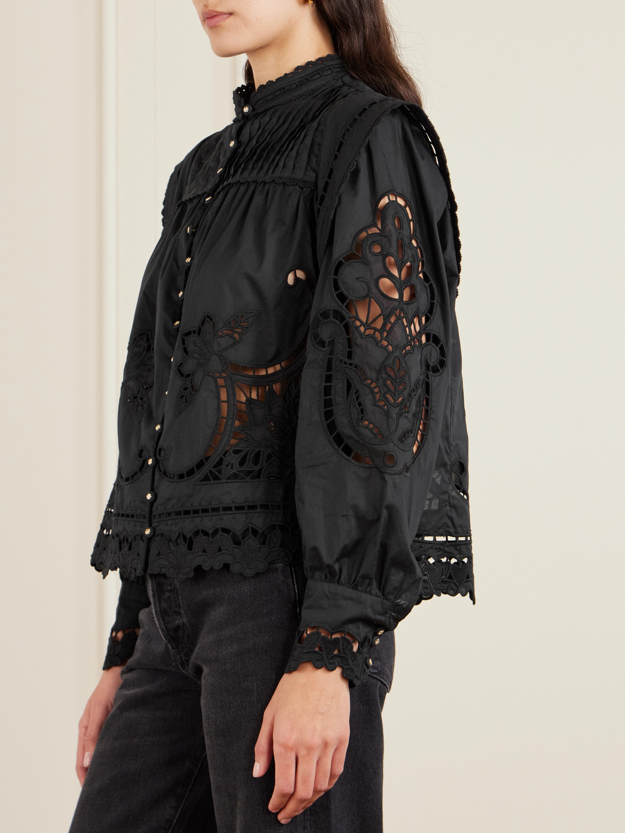 Farm Rio Richilieu Pleated Broderie Anglaise Cotton Blouse In Black