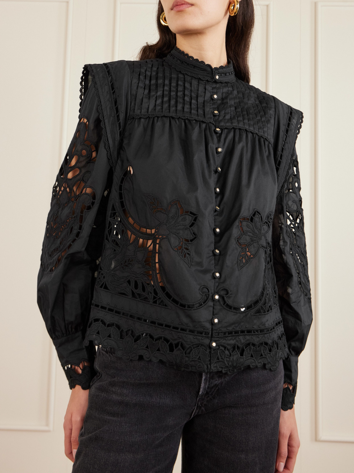 Farm Rio Richilieu Pleated Broderie Anglaise Cotton Blouse In Black