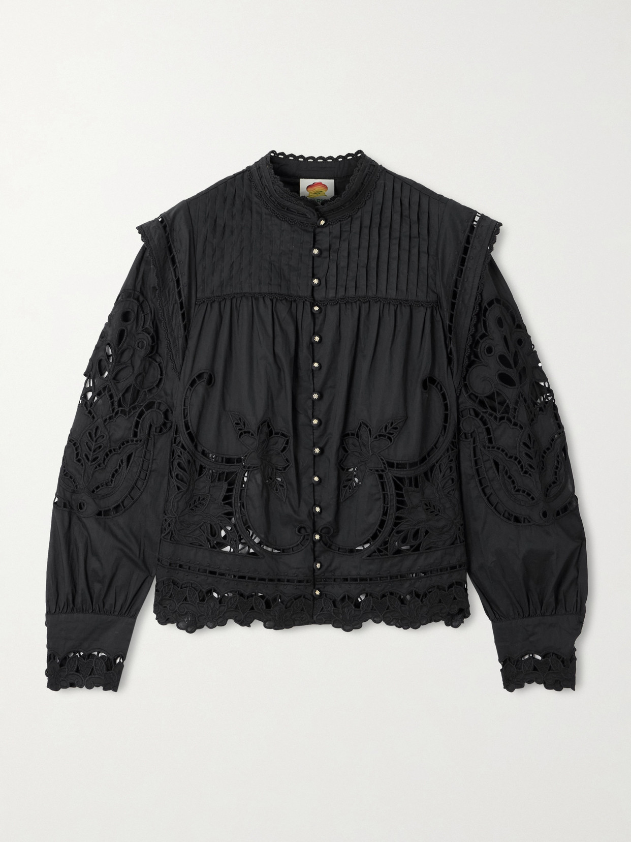Farm Rio Richilieu Pleated Broderie Anglaise Cotton Blouse In Black