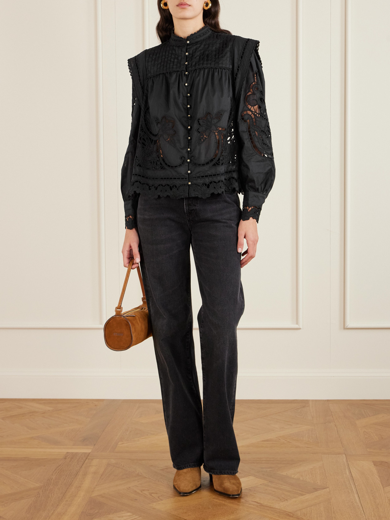 Farm Rio Richilieu Pleated Broderie Anglaise Cotton Blouse In Black