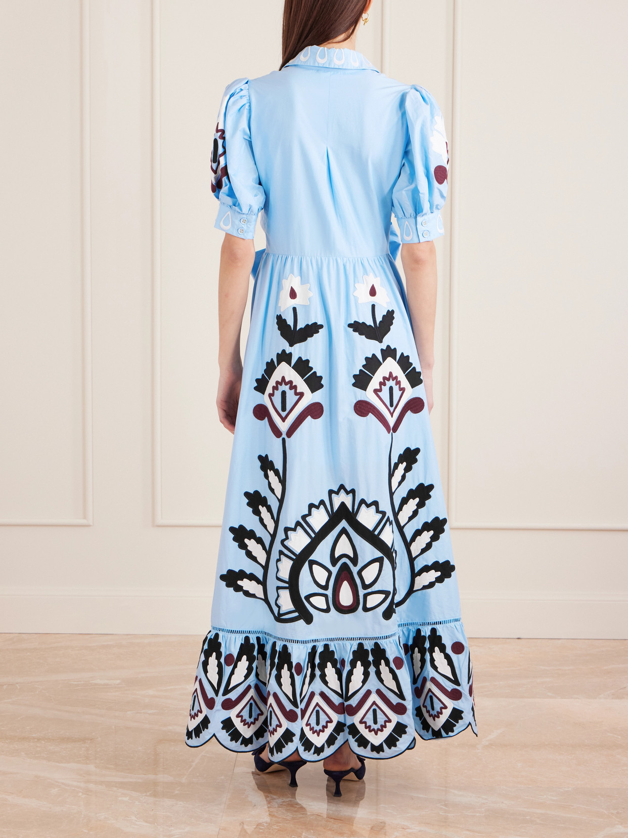 Farm Rio Blue Artisanal Embroidered Lace Front Bow Maxi Dress In Gray