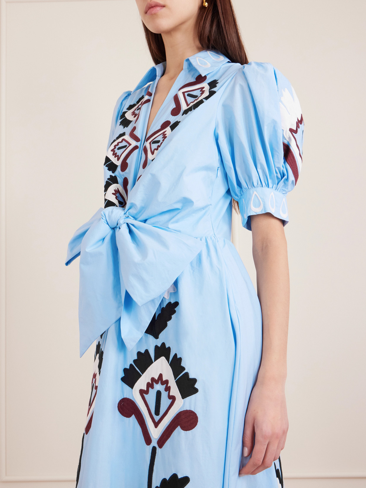 Farm Rio Blue Artisanal Embroidered Lace Front Bow Maxi Dress In Gray