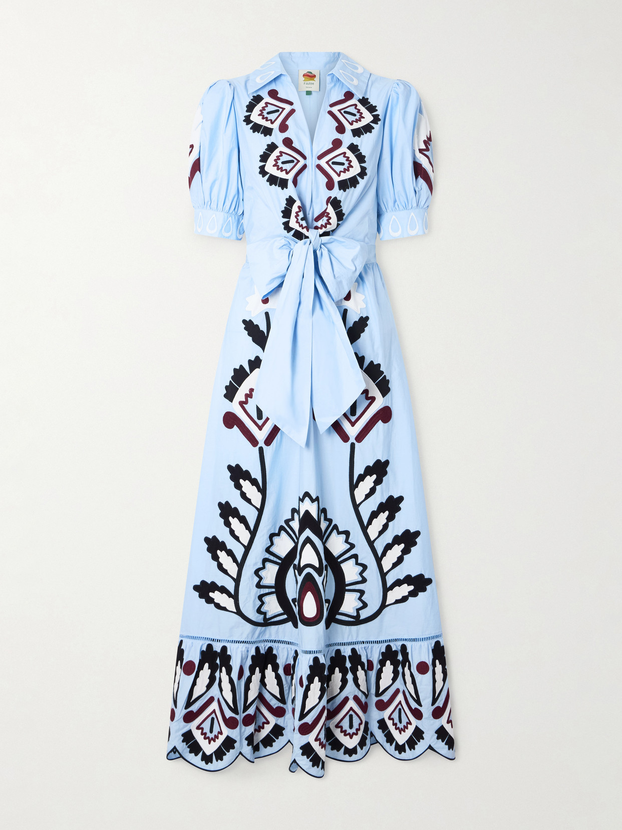 Farm Rio Tie-front Scalloped Appliquéd Cotton-poplin Maxi Dress In Blue